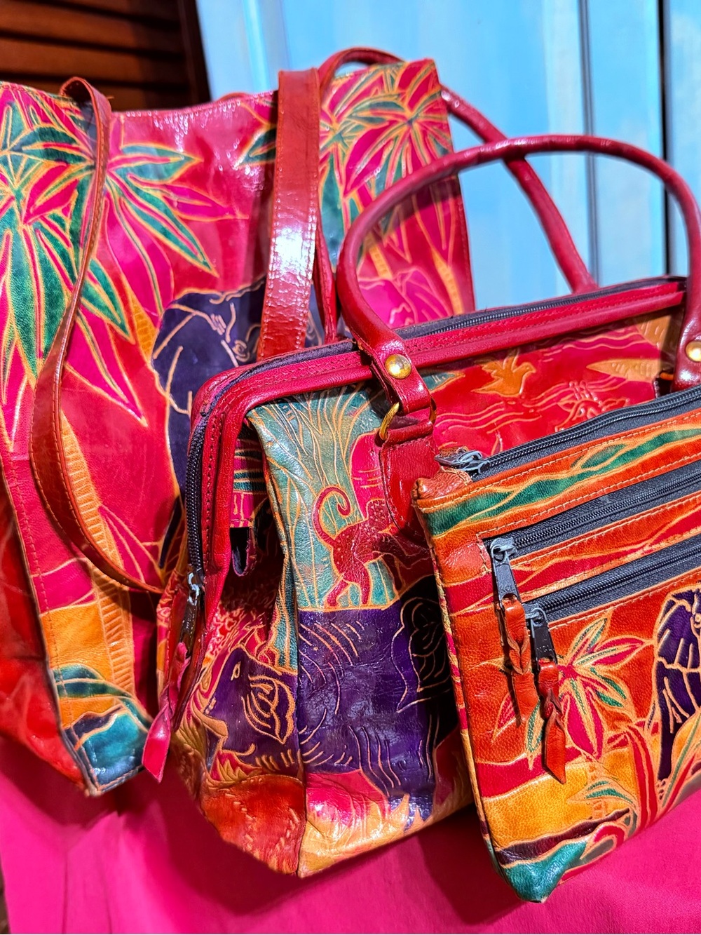 Hand-Painted Multicolor Leather Tote , Purse and Wallet/Clutch. 1980’s to 1990’s